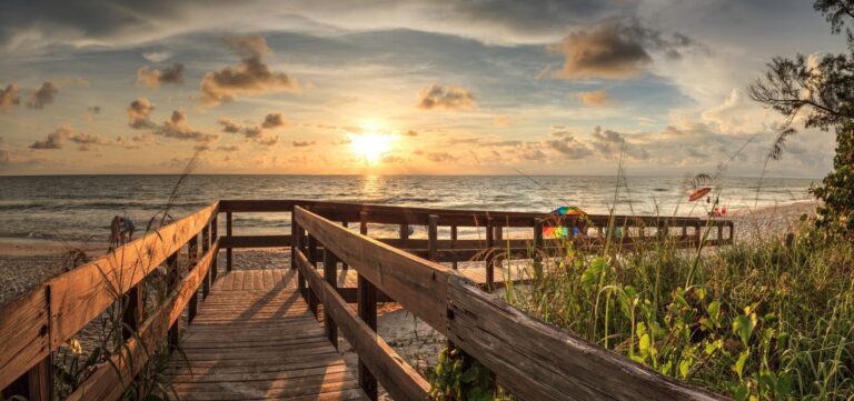 Beach boardwalk at sunset on the Gulf